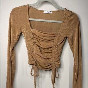 Elegant Tan Ruched Long Sleeve Blouse